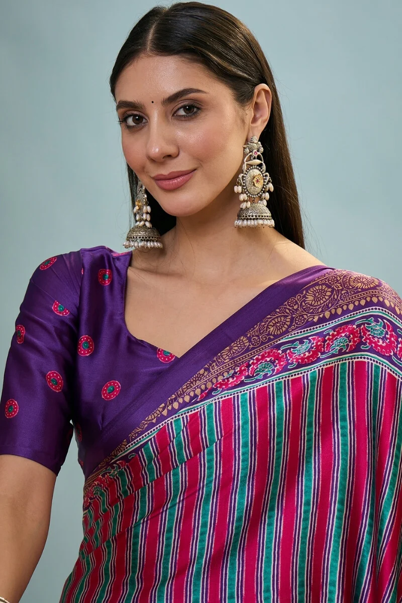 Conflate Purple Ajrakh Printed Semi Modal Silk Saree With Fantabulous Blouse Piece - Image 4
