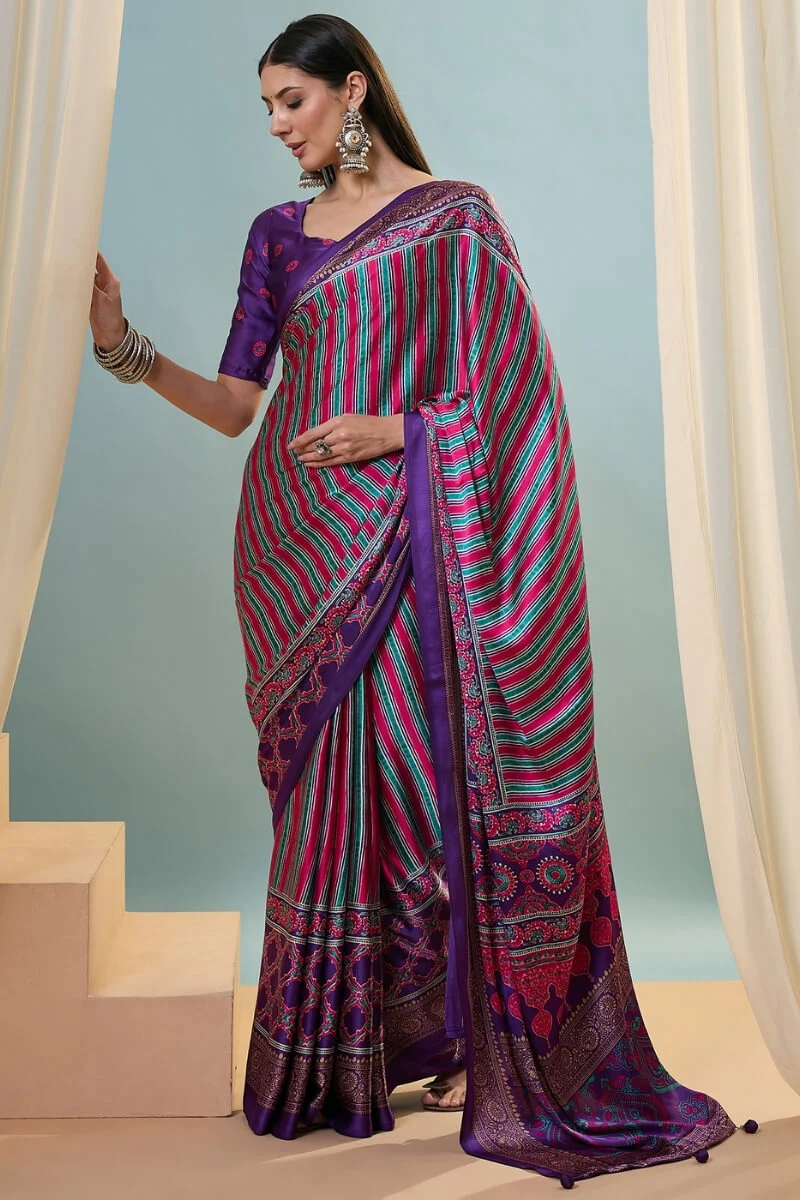 Conflate Purple Ajrakh Printed Semi Modal Silk Saree With Fantabulous Blouse Piece - Image 5
