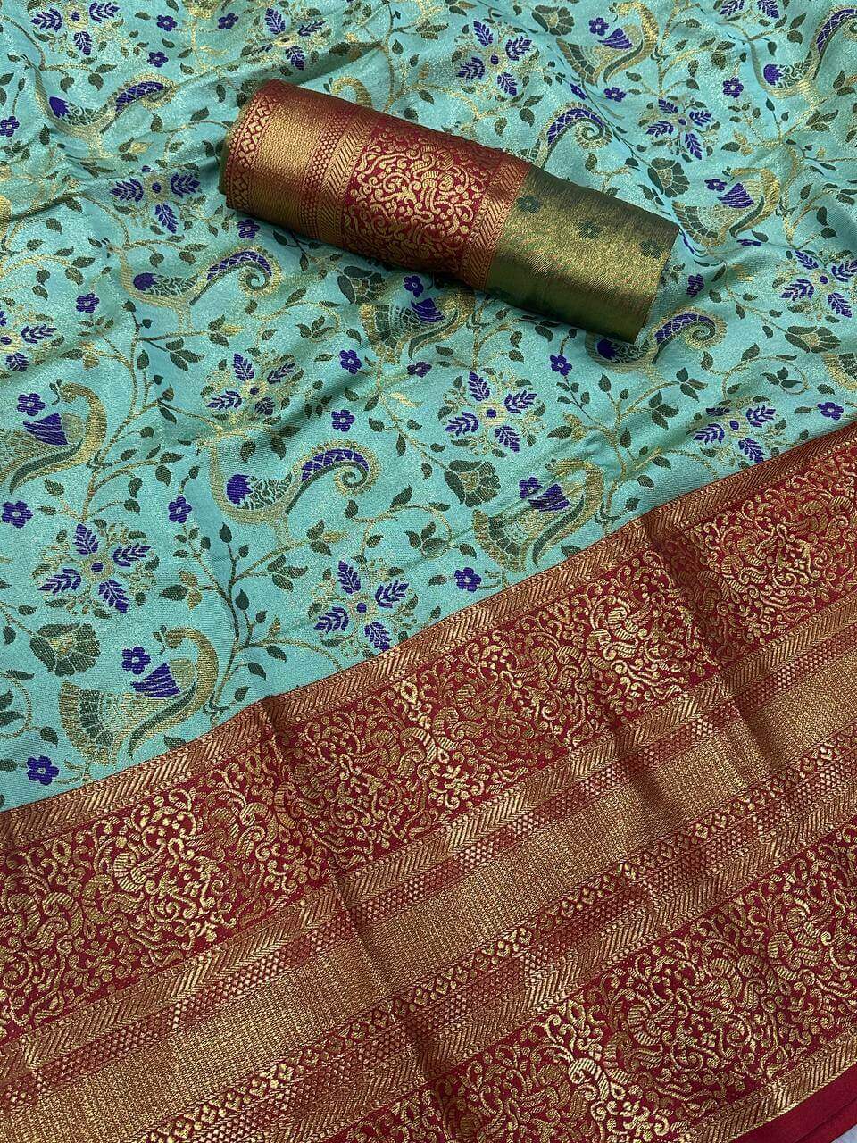 Conflate Sea Green Kanjivaram Silk Saree With Fragrant Blouse Piece - Image 3