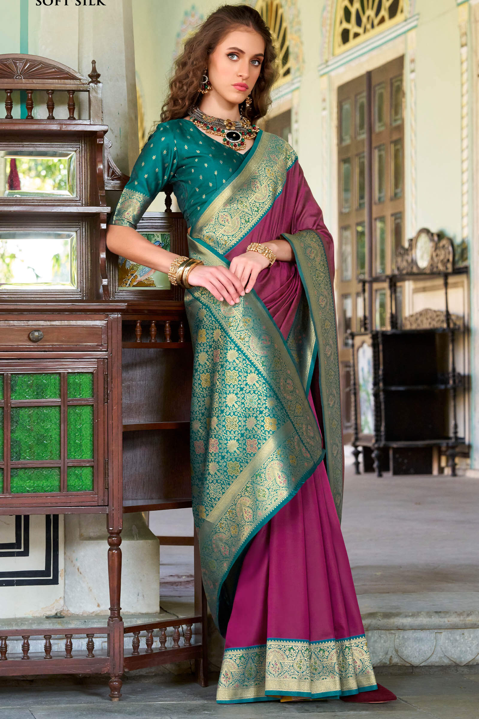 Conflate Wine Soft Banarasi Silk Saree With Ornate Blouse Piece - Image 3
