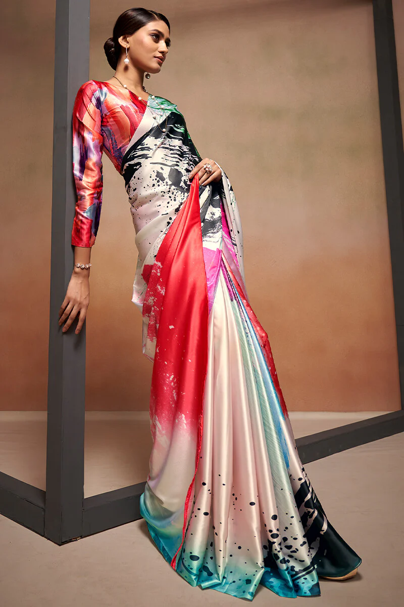 Confounding Beige Digital Printed Satin Silk Saree With Sempiternal Blouse Piece - Image 3