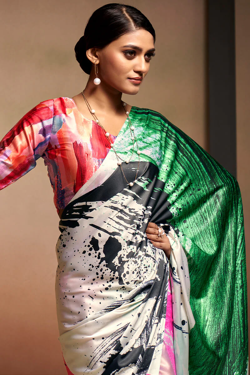 Confounding Beige Digital Printed Satin Silk Saree With Sempiternal Blouse Piece - Image 4
