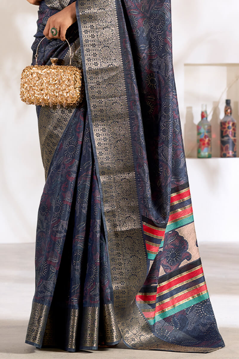 Confounding Blue Digital Printed Dola Silk Saree With Vivacious Blouse Piece - Image 5