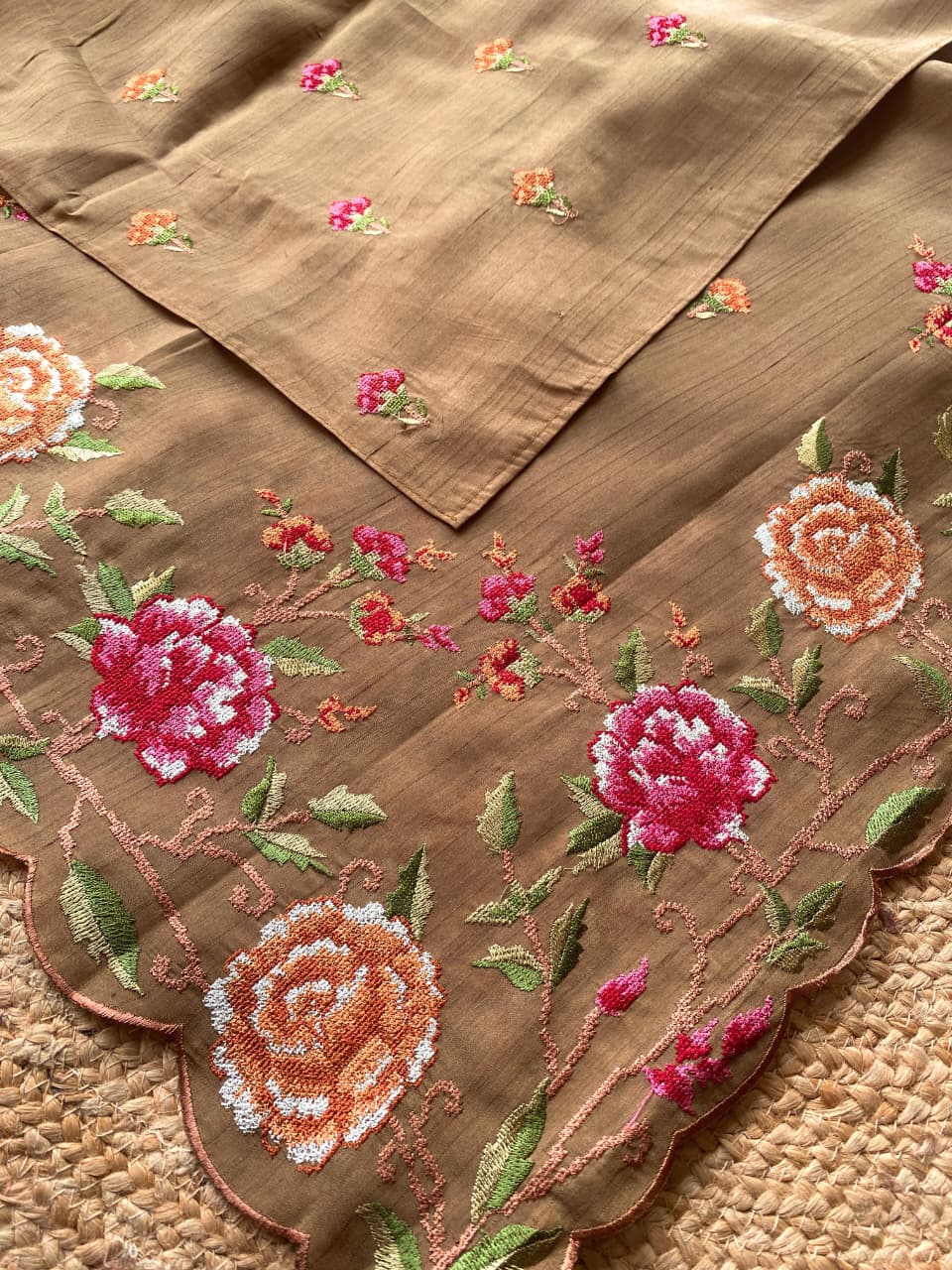 Confounding Dark Beige Embroidery Work Tussar Silk Saree With Diaphanous Blouse Piece - Image 2
