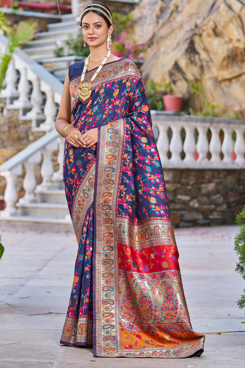 Confounding Navy Blue Pashmina saree With Snazzy Blouse Piece - Image 3
