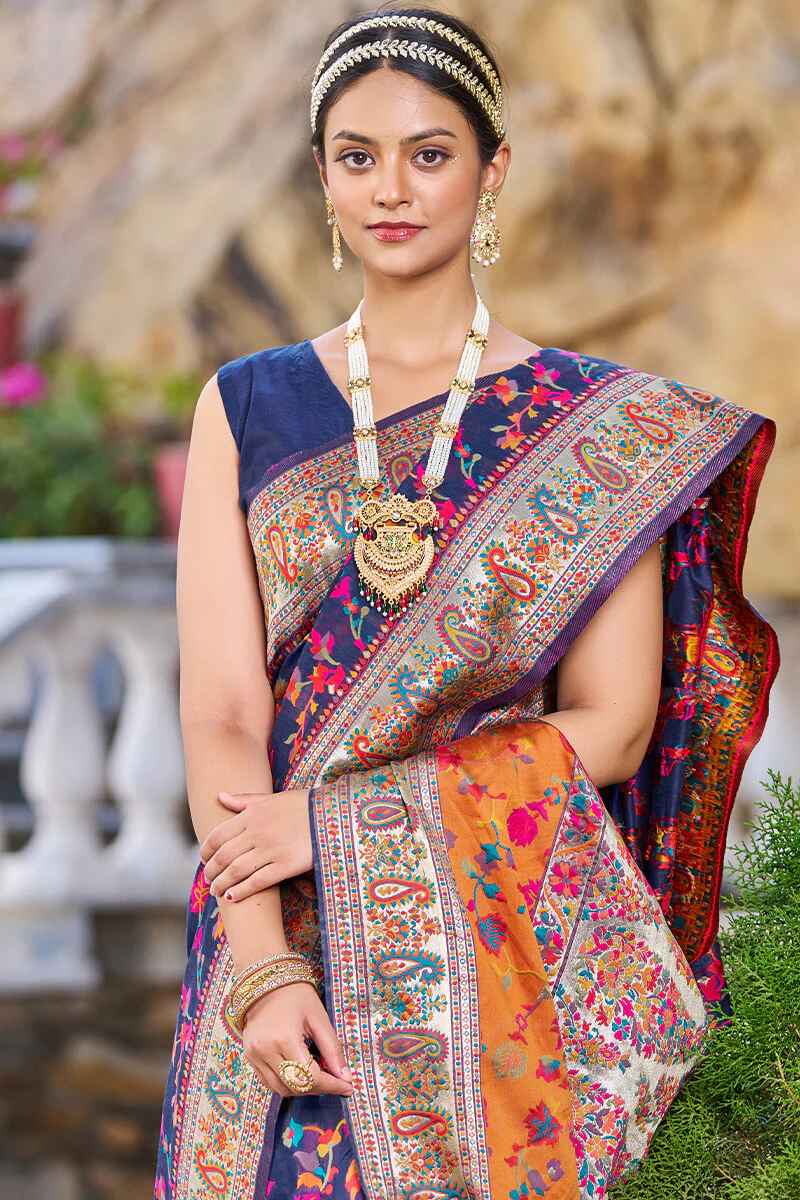 Confounding Navy Blue Pashmina saree With Snazzy Blouse Piece - Image 5