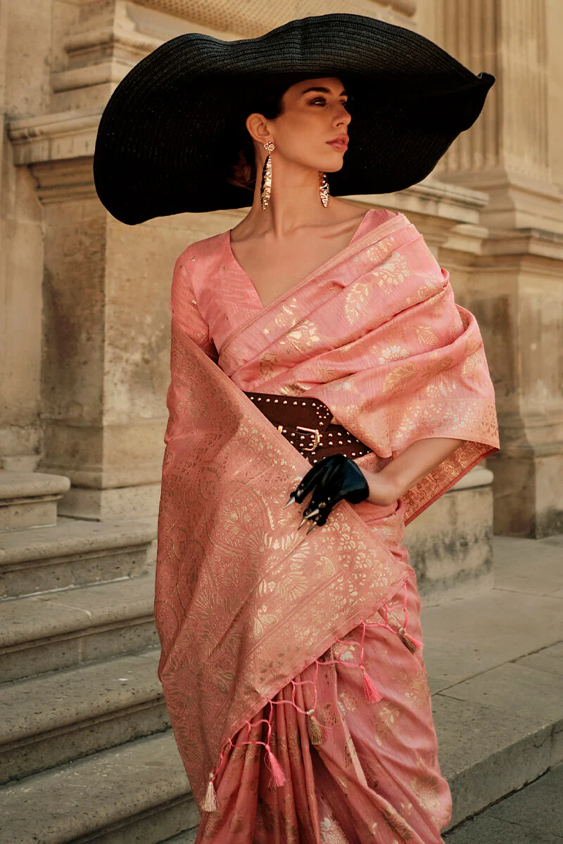 Confounding Peach Soft Banarasi Silk Saree With Imaginative Blouse Piece - Image 2