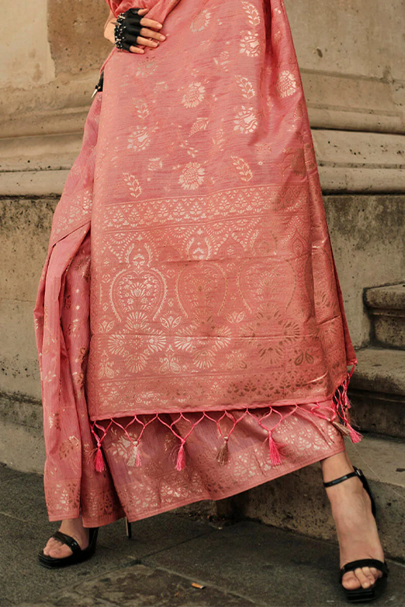 Confounding Peach Soft Banarasi Silk Saree With Imaginative Blouse Piece - Image 3