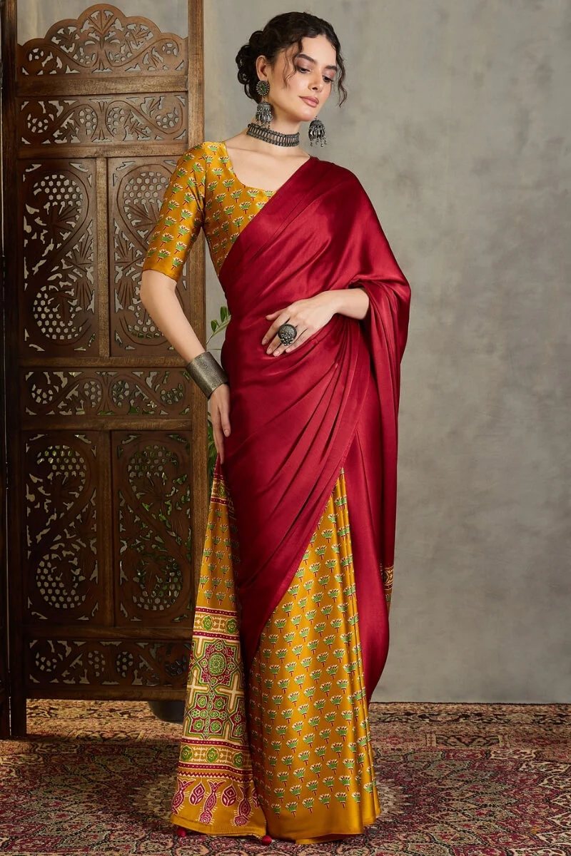 Confounding Red Ajrakh Printed Semi Modal Silk Saree With Brood Blouse Piece - Image 3