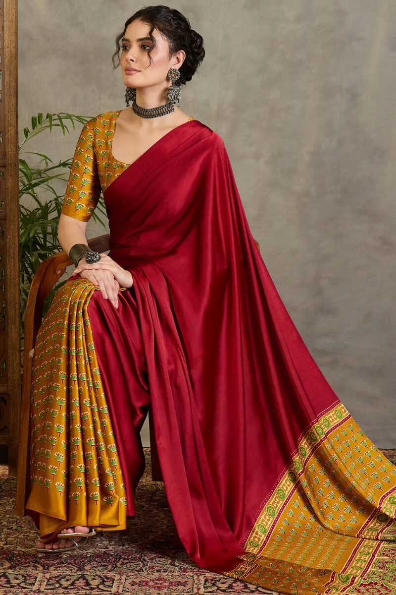 Confounding Red Ajrakh Printed Semi Modal Silk Saree With Brood Blouse Piece - Image 4