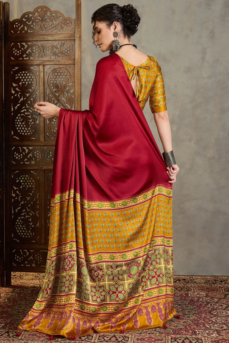 Confounding Red Ajrakh Printed Semi Modal Silk Saree With Brood Blouse Piece - Image 7