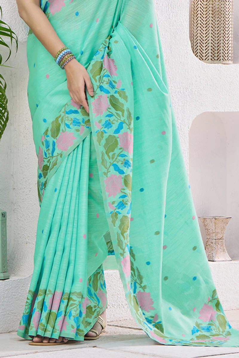 Confounding Sea Green Cotton Silk Saree With Artistic Blouse Piece - Image 3