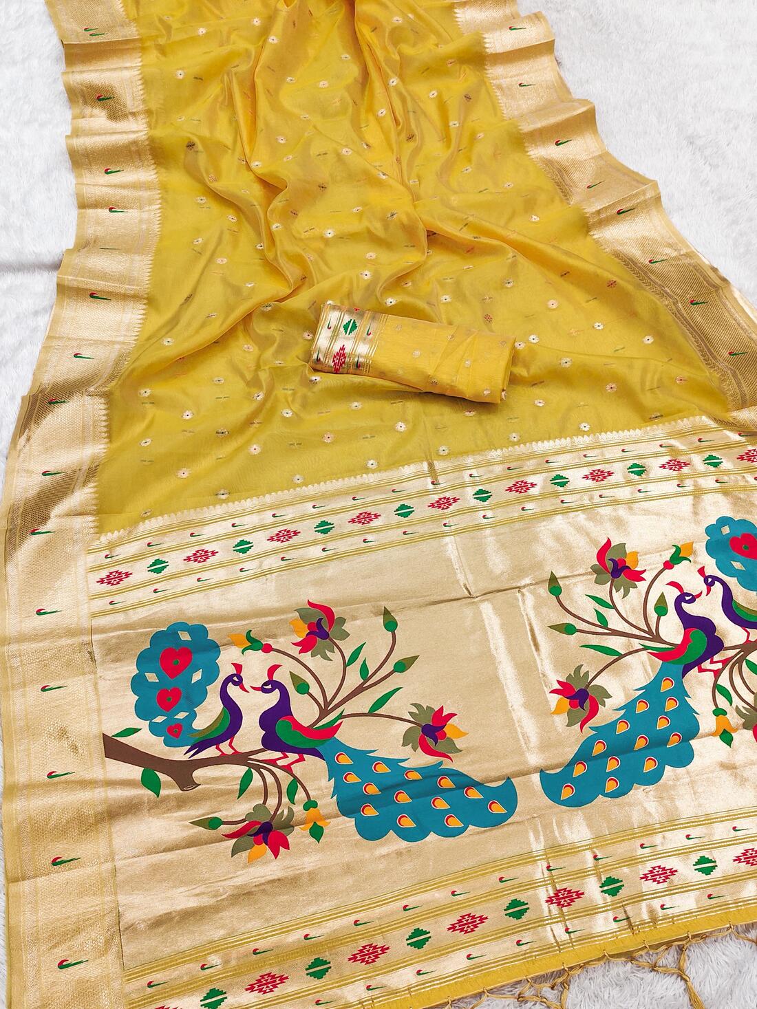 Confounding Yellow Paithani Silk Saree With Diaphanous Blouse Piece - Image 2