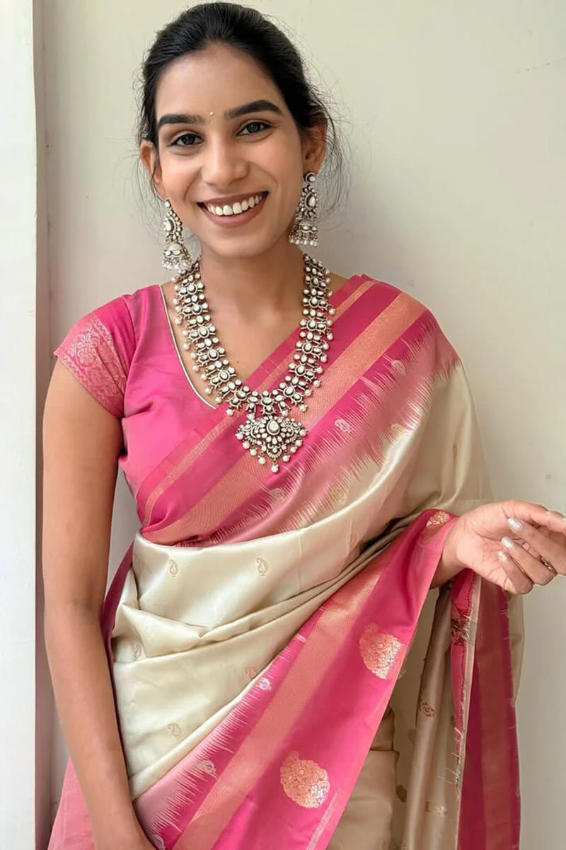 Cynosure Beige Soft Silk Saree With Delightful Blouse Piece - Image 2