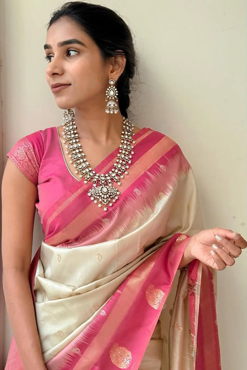 Cynosure Beige Soft Silk Saree With Delightful Blouse Piece - Image 3