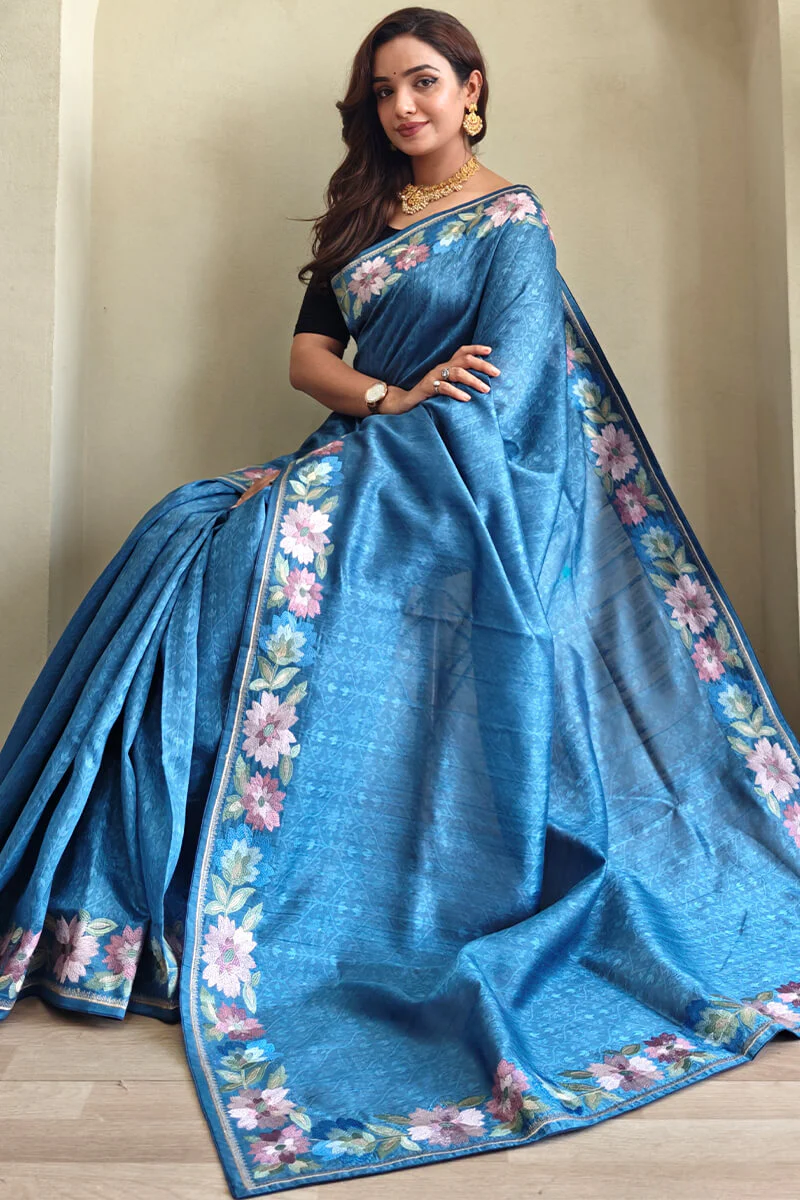Cynosure Blue Embroidery Work Tussar Silk Saree With Classy Blouse Piece - Image 2