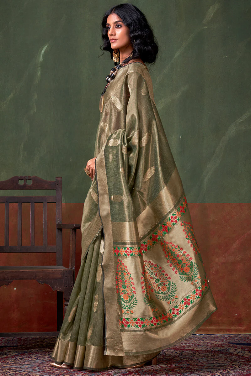 Cynosure Green Paithani Pure Tissue Silk Saree With Bewitching Blouse Piece - Image 3