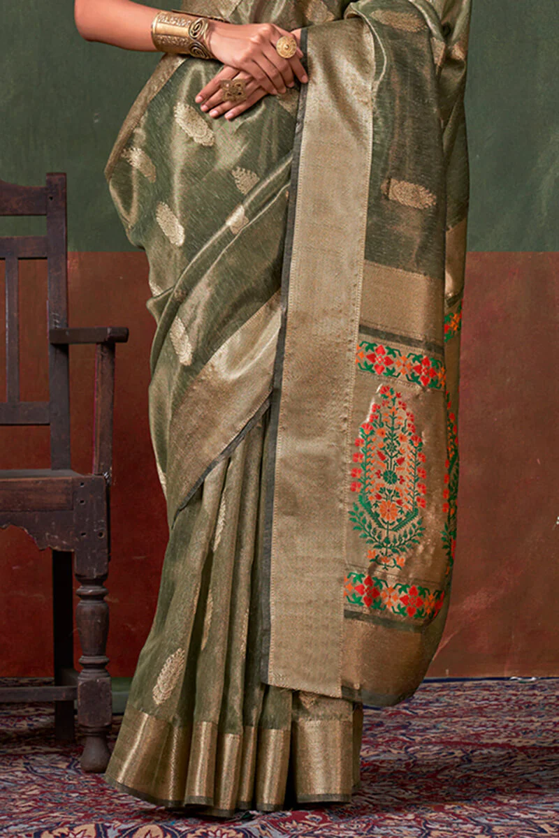 Cynosure Green Paithani Pure Tissue Silk Saree With Bewitching Blouse Piece - Image 4