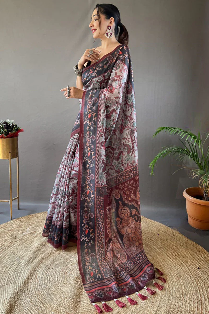 Cynosure Grey Digital Printed Cotton Silk Saree With Beleaguer Blouse Piece - Image 3