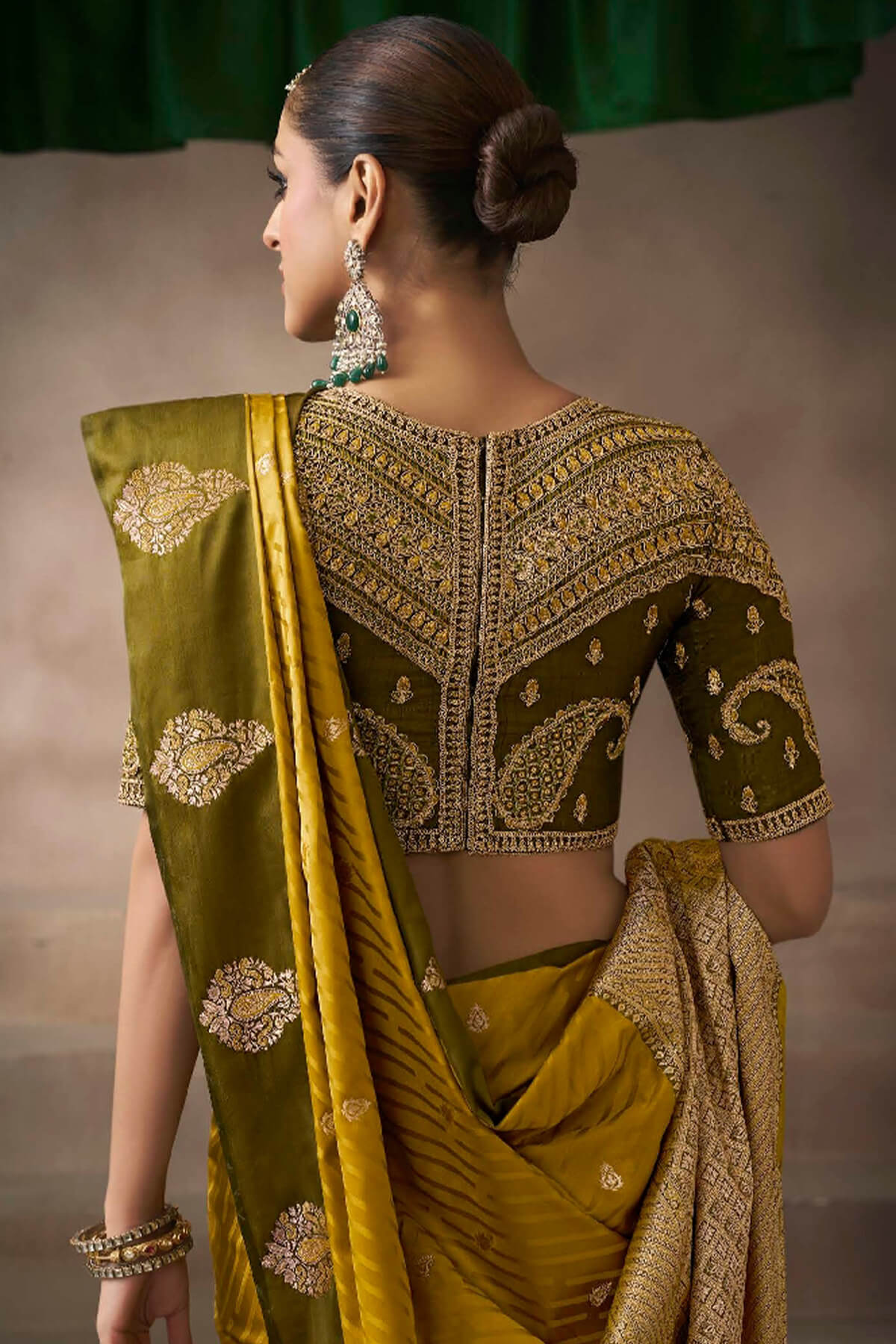 Cynosure Mustard Banarasi Satin Silk Saree With Imaginative Blouse - Image 3