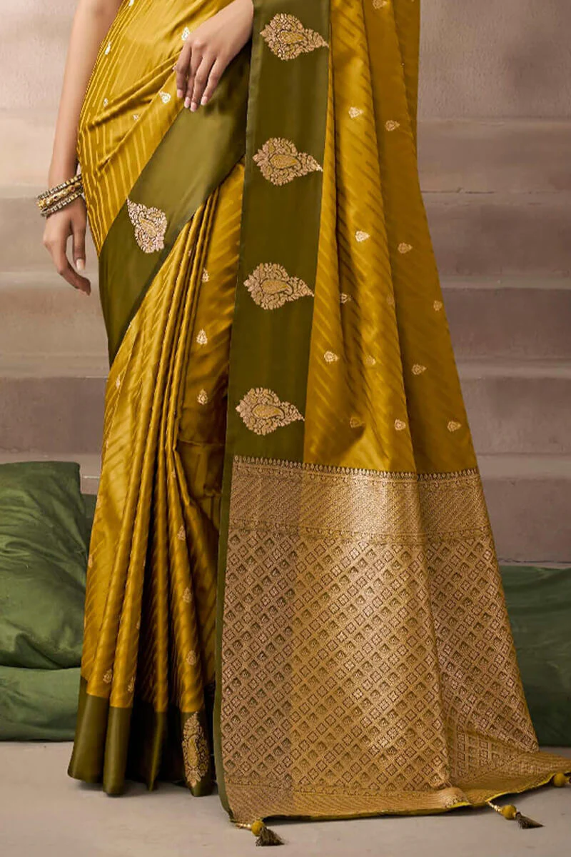 Cynosure Mustard Banarasi Satin Silk Saree With Imaginative Blouse - Image 4