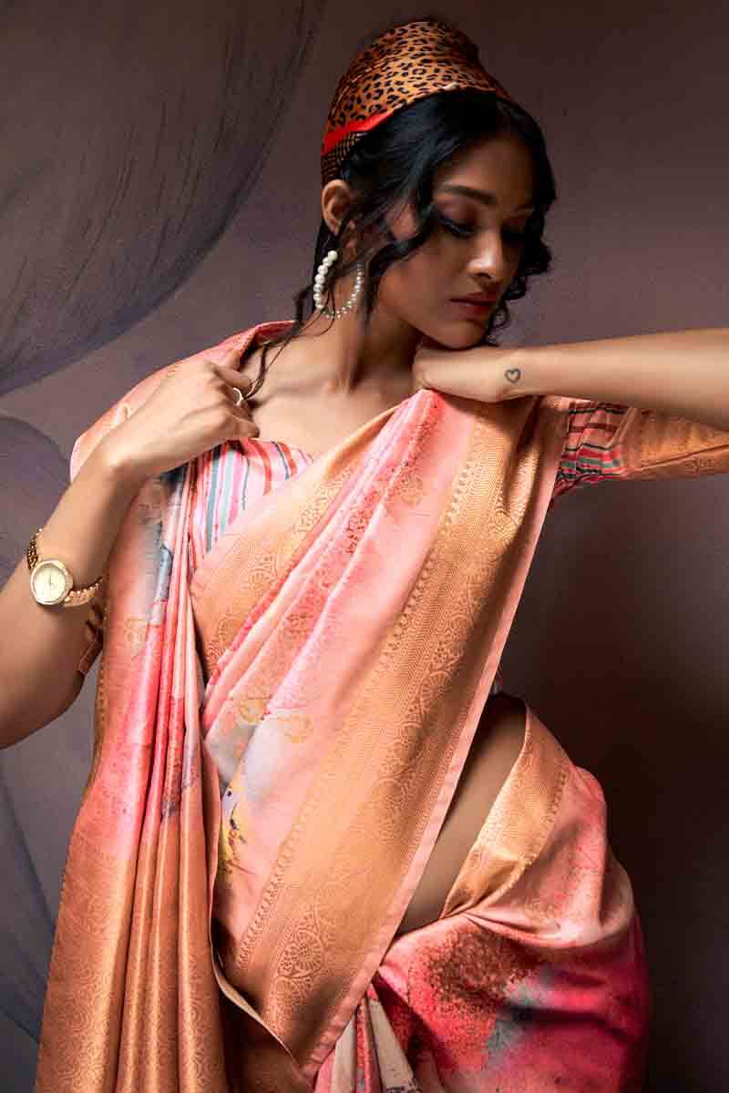 Cynosure Peach Digital Printed Soft Silk Saree With Panache Blouse Piece - Image 2