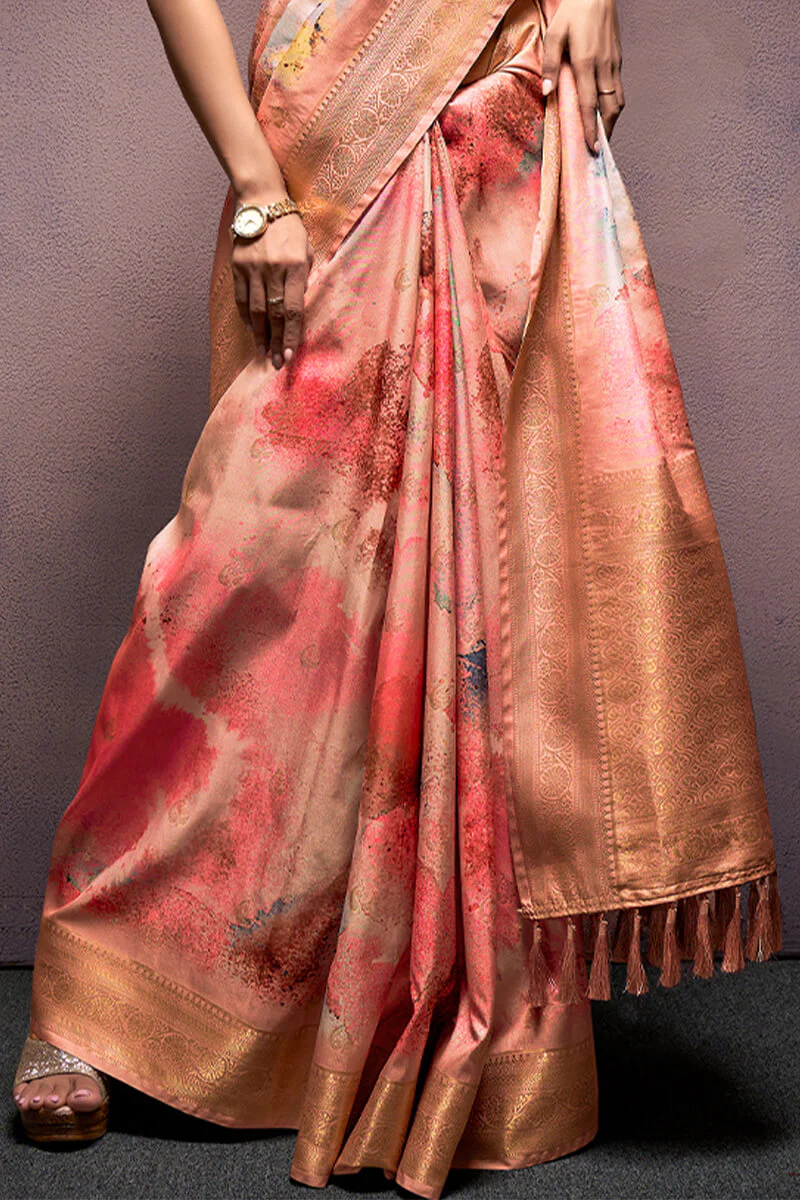 Cynosure Peach Digital Printed Soft Silk Saree With Panache Blouse Piece - Image 3