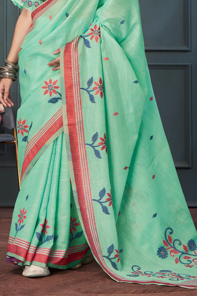 Cynosure Sea Green Cotton Silk Saree With Eloquence Blouse Piece - Image 3