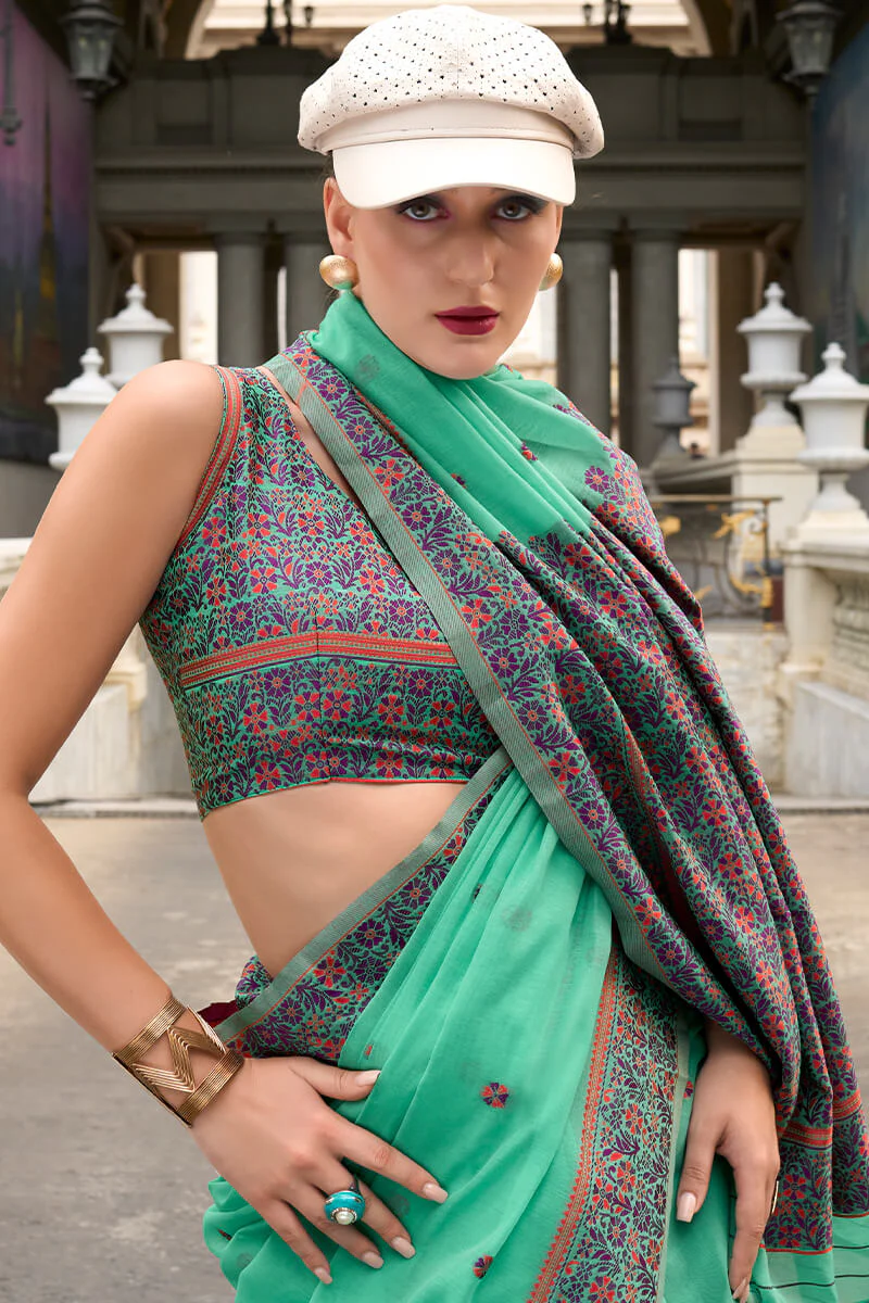 Cynosure Sea Green Cotton Silk Saree With Mellifluous Blouse Piece - Image 3