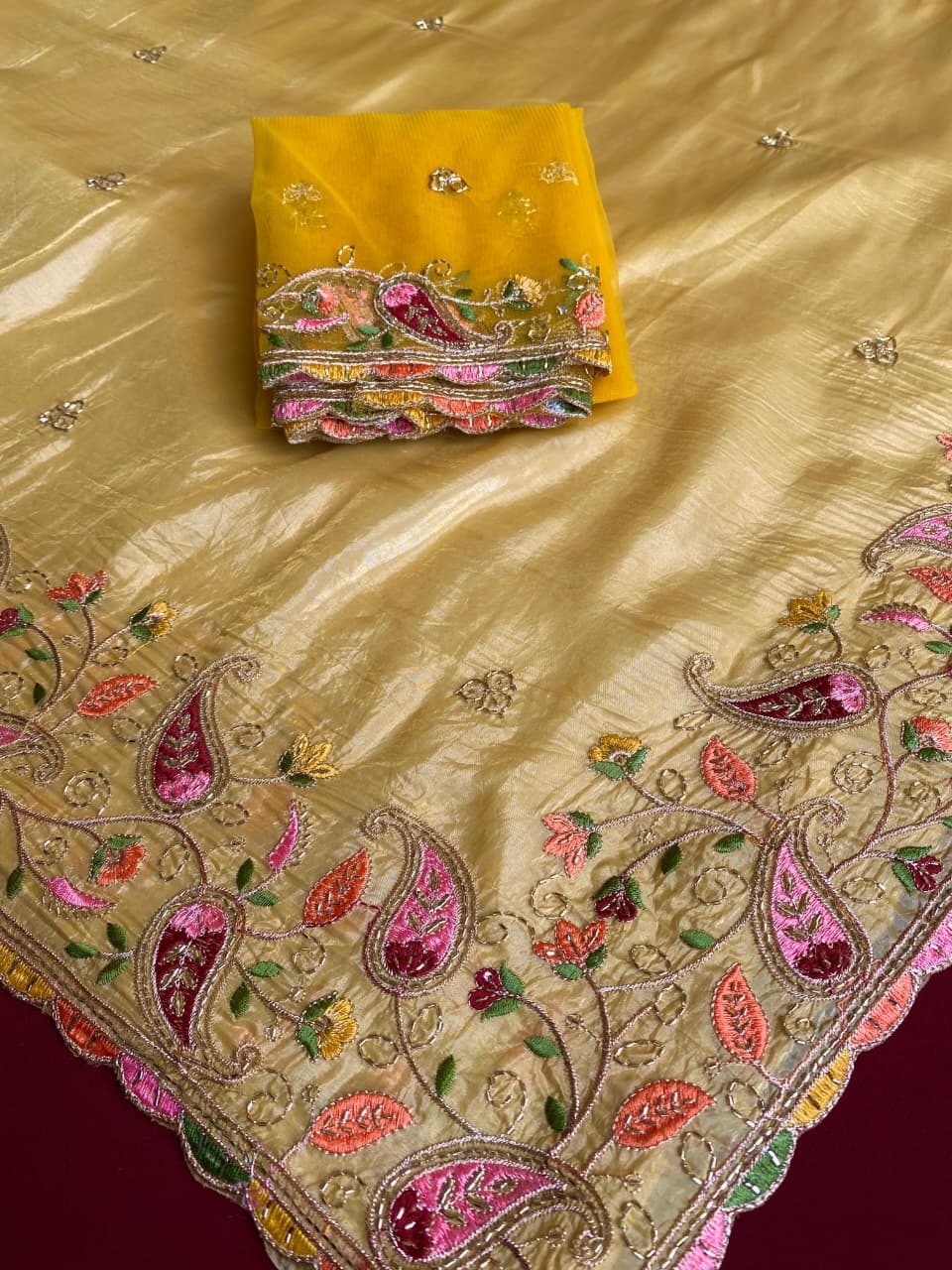 Cynosure Yellow Embroidery Work Crush Silk Saree With Desultory Blouse Piece - Image 2