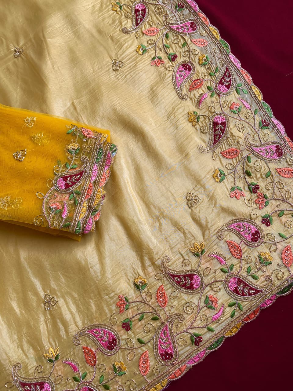 Cynosure Yellow Embroidery Work Crush Silk Saree With Desultory Blouse Piece - Image 3