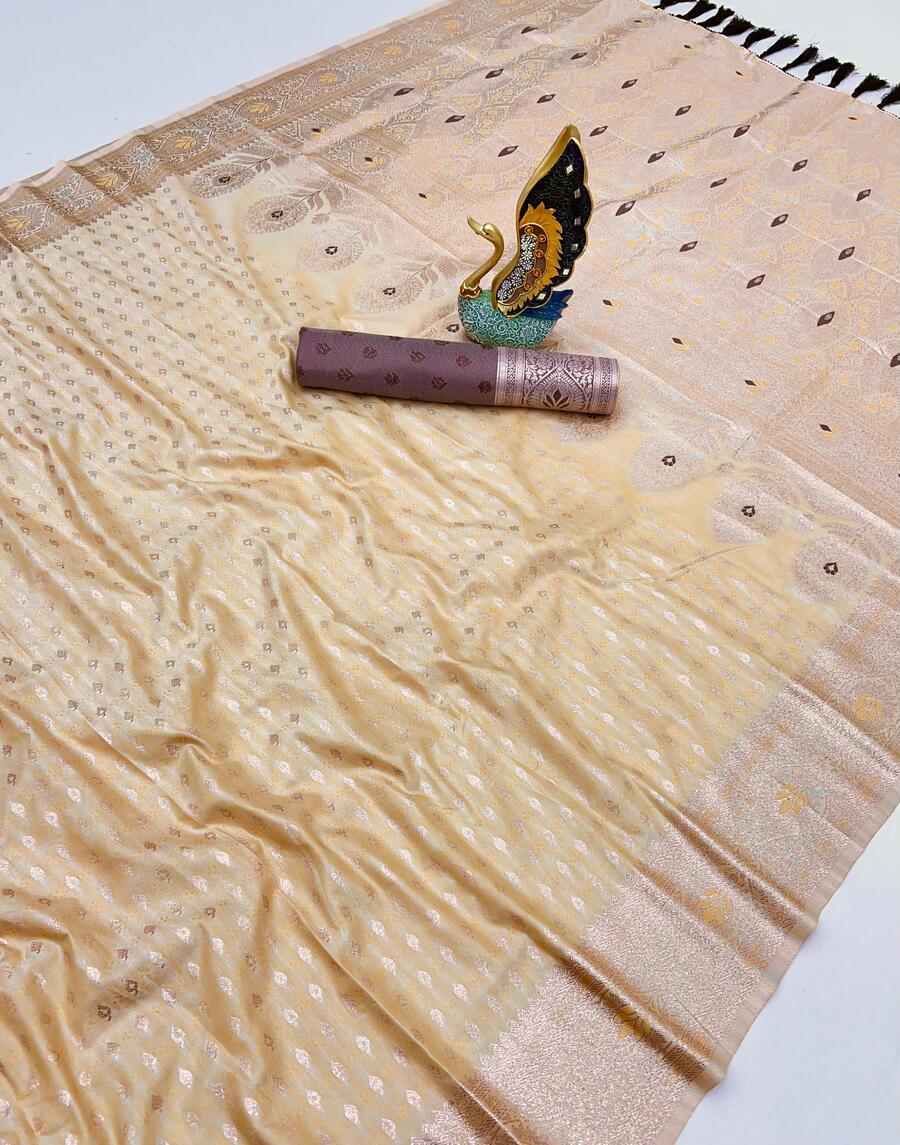 Dalliance Beige Soft Banarasi Silk Saree With Rhapsody Blouse Piece