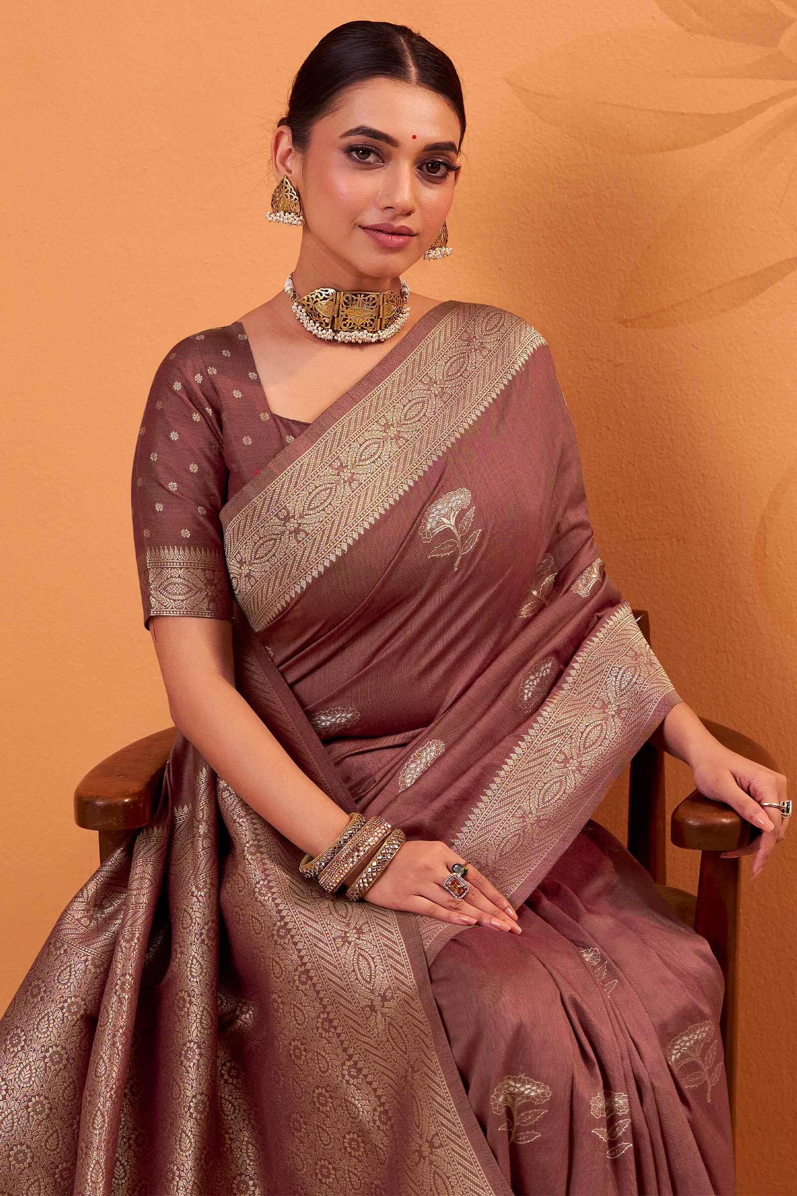 Dalliance Brown Banarasi Tussar Silk Saree With Demesne Blouse Piece - Image 2