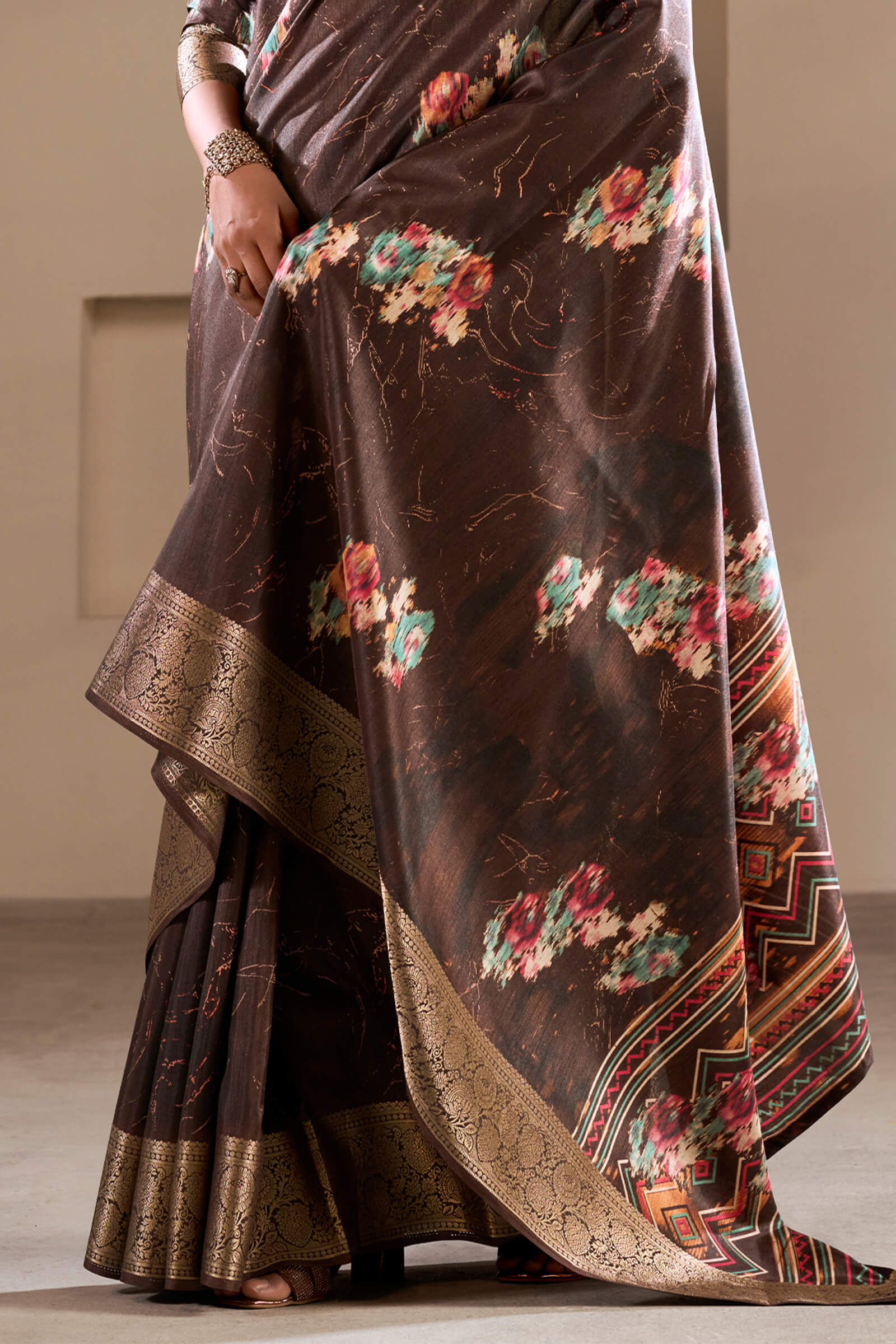 Dalliance Brown Digital Printed Dola Silk Saree With Sonorous Blouse Piece - Image 3