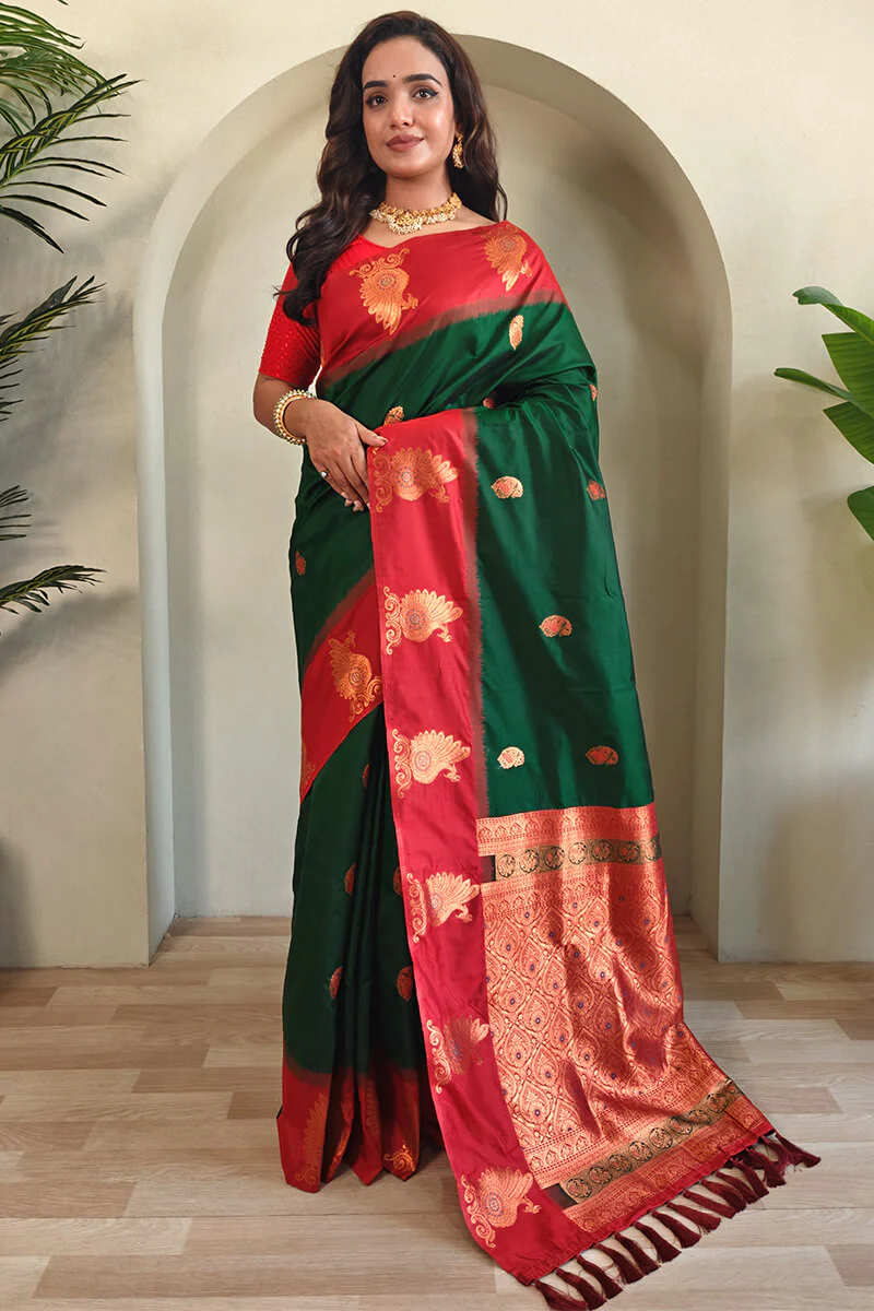 Dalliance Dark Green Soft Banarasi Silk Saree With Jubilant Blouse Piece