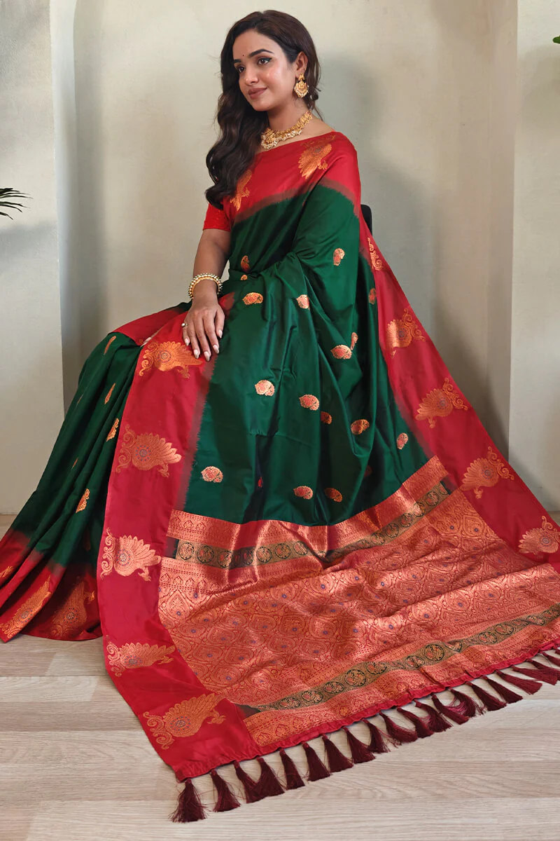Dalliance Dark Green Soft Banarasi Silk Saree With Jubilant Blouse Piece - Image 2