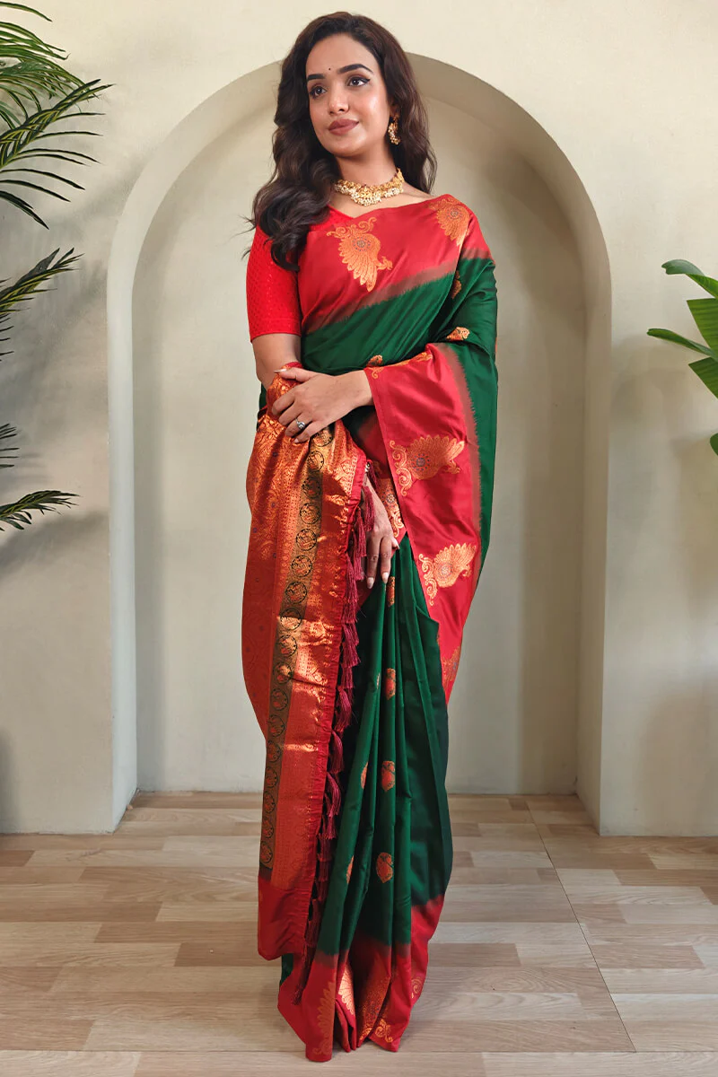 Dalliance Dark Green Soft Banarasi Silk Saree With Jubilant Blouse Piece - Image 3