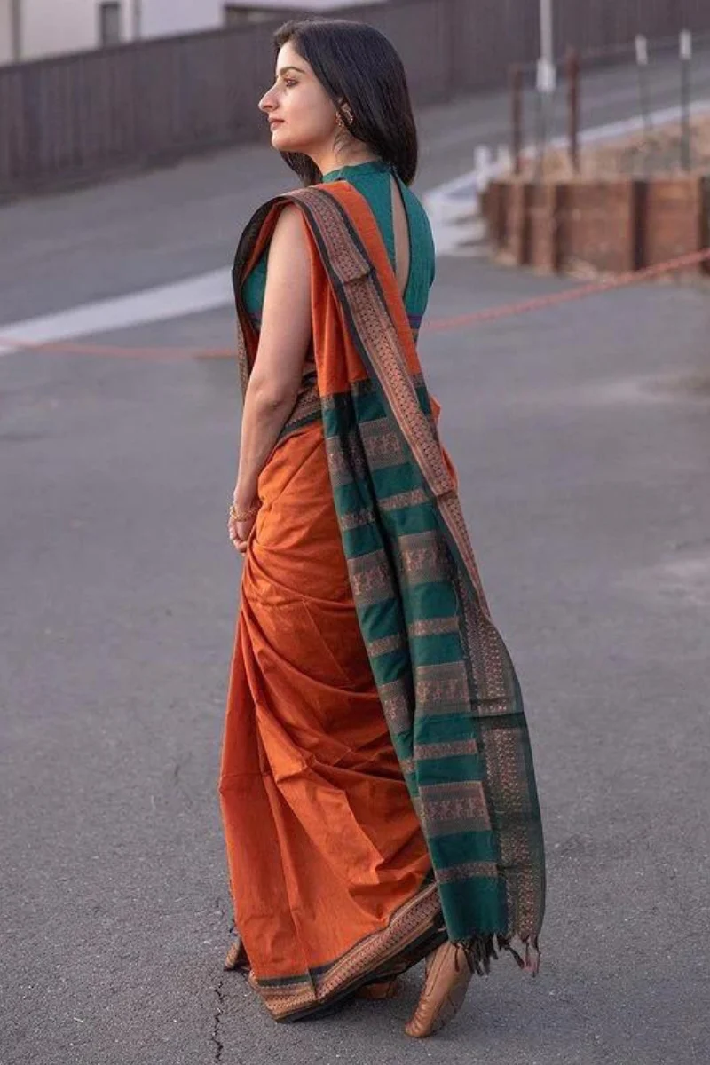 Dalliance Orange Soft Silk Saree With Nectarous Blouse Piece - Image 4