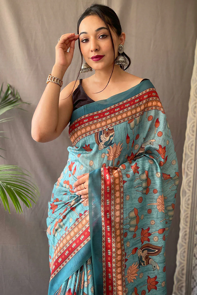 Dalliance Sky Kalamkari Printed Saree With Forbearance Blouse Piece - Image 2