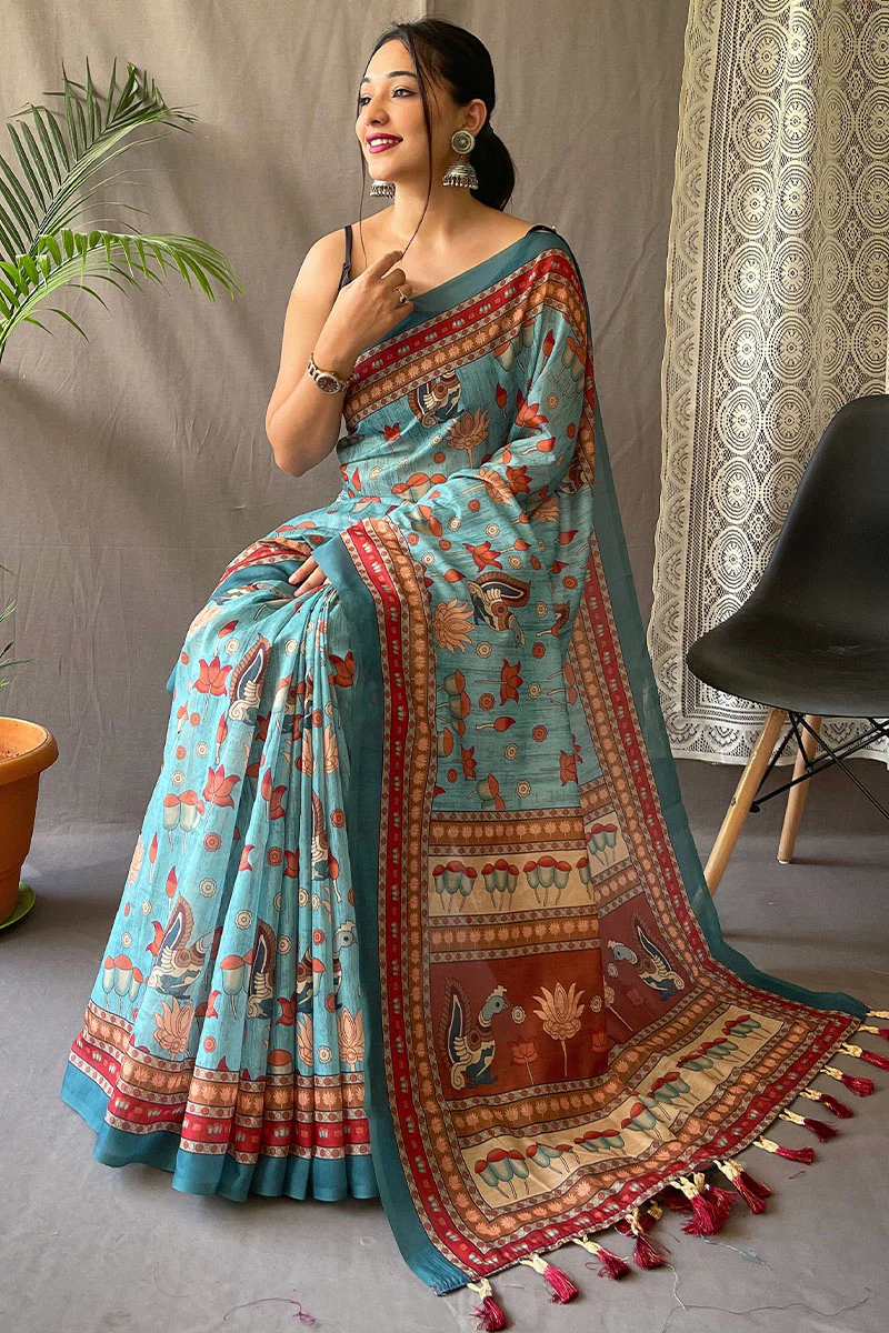Dalliance Sky Kalamkari Printed Saree With Forbearance Blouse Piece - Image 3