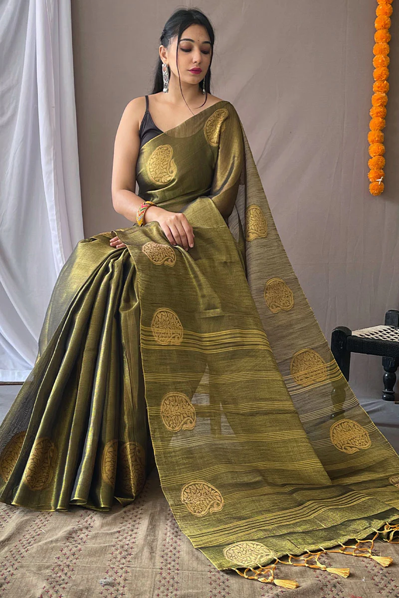 Dazzling Mehndi Soft Banarasi Tissue Silk Saree With Impressive Blouse Piece - Image 3