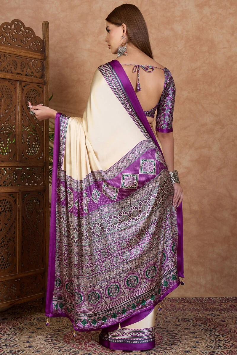 Dazzling Off White Ajrakh Printed Semi Modal Silk Saree With Dulcet Blouse Piece - Image 6
