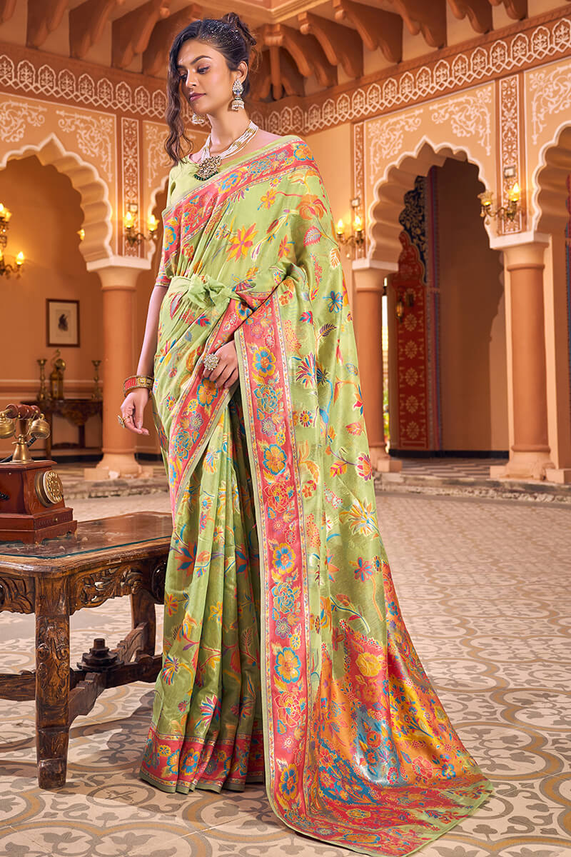 Dazzling Pista Linen Silk Saree With Flamboyant Blouse Piece - Image 3