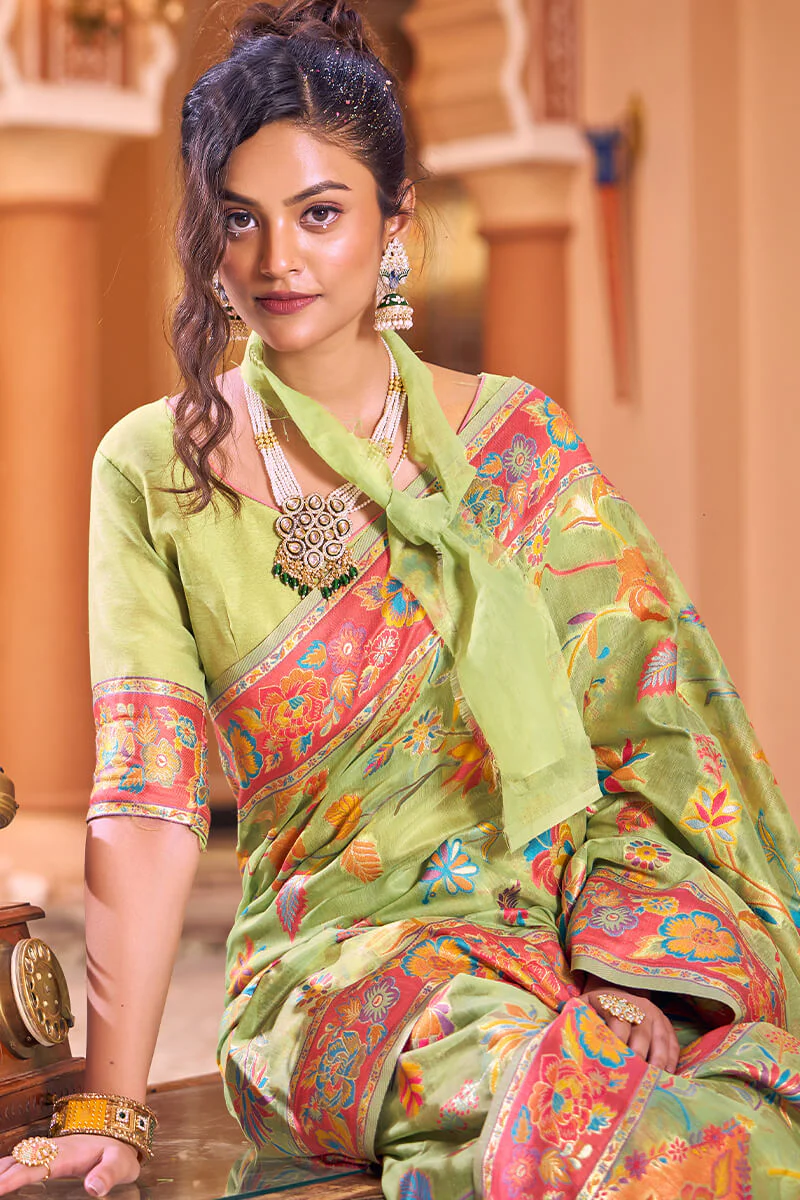 Dazzling Pista Linen Silk Saree With Flamboyant Blouse Piece - Image 6