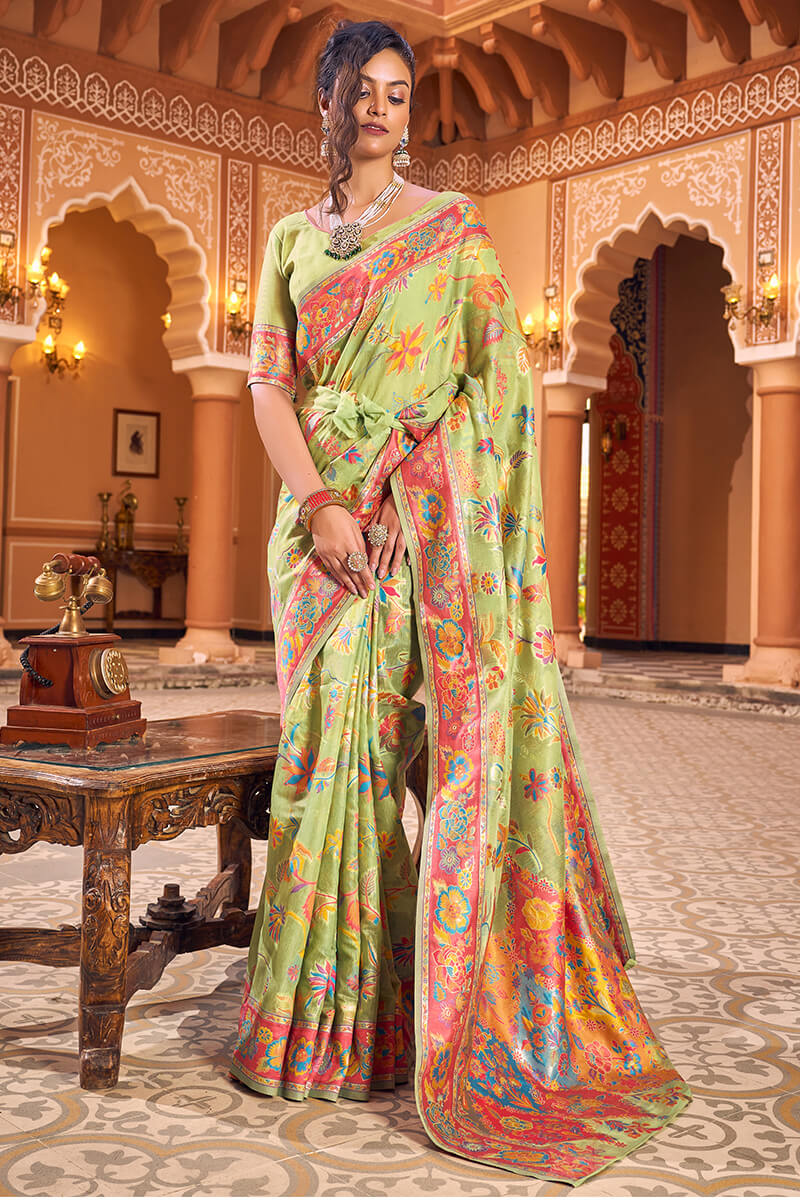 Dazzling Pista Linen Silk Saree With Flamboyant Blouse Piece - Image 7