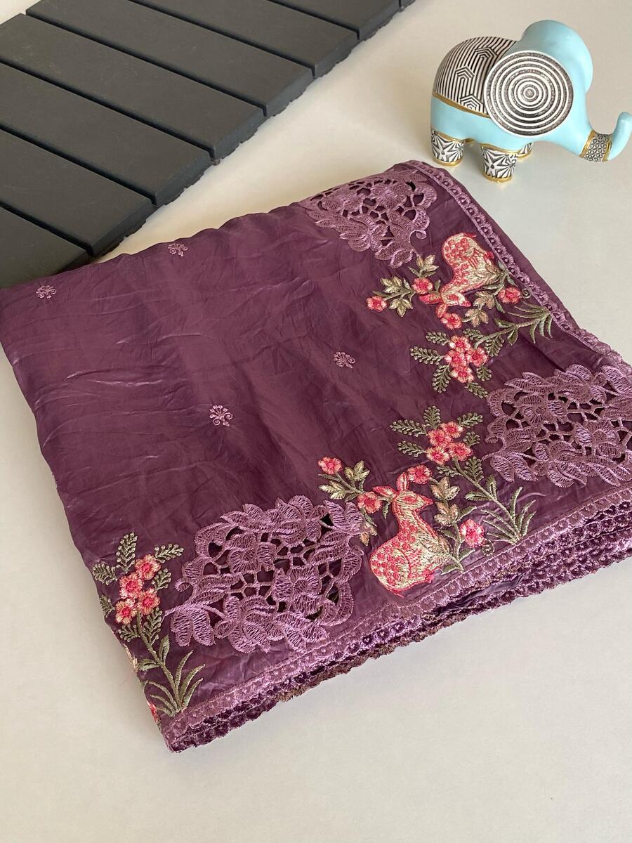 Dazzling Purple Embroidery Work Crush Silk Saree With Majesty Blouse Piece - Image 2