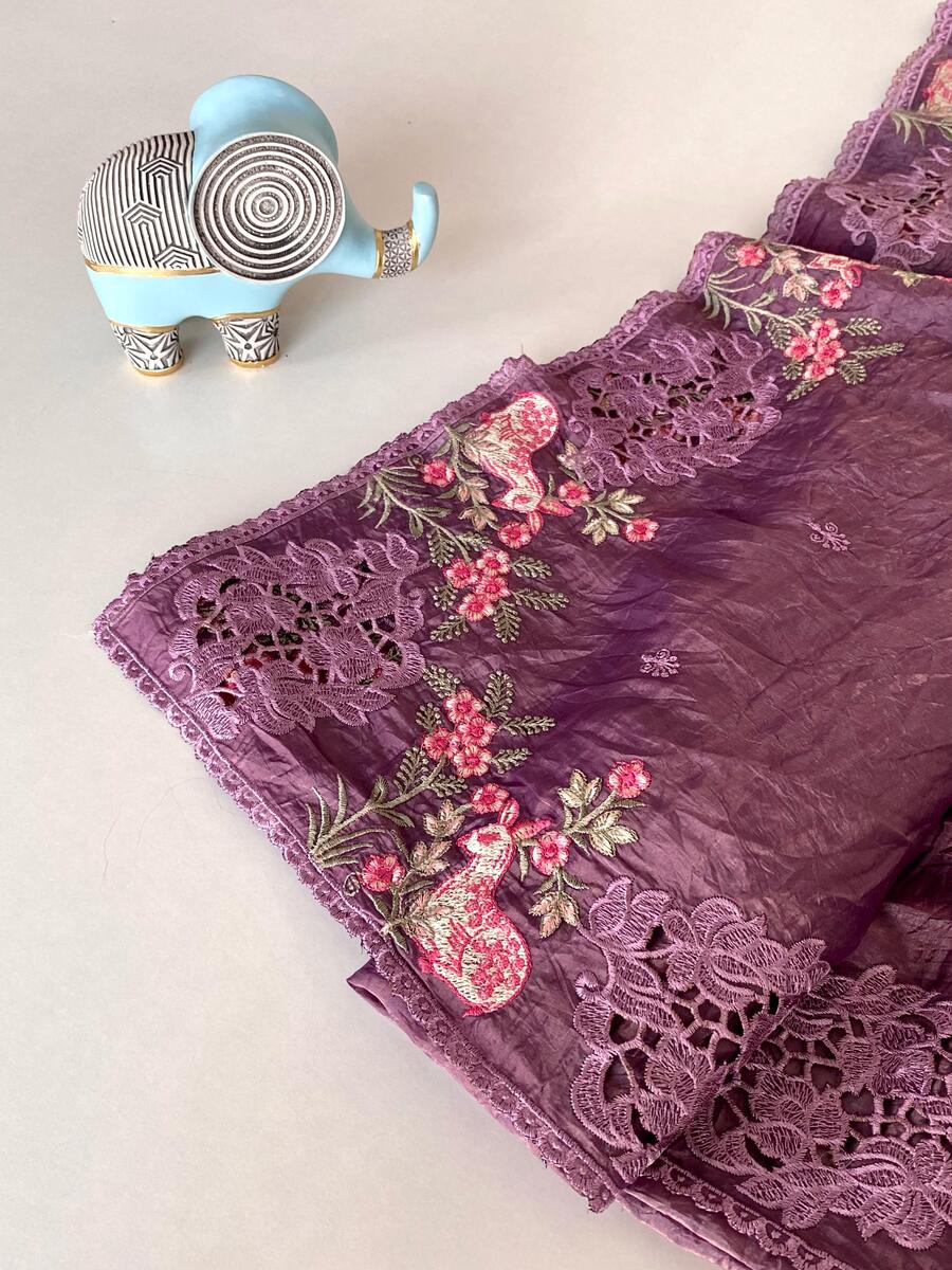 Dazzling Purple Embroidery Work Crush Silk Saree With Majesty Blouse Piece - Image 3