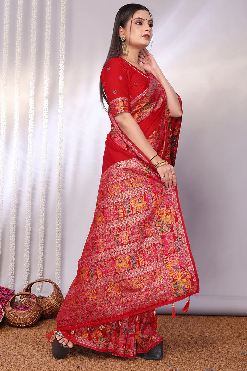 Dazzling Red Pashmina Saree With Fugacious Blouse Piece - Image 5