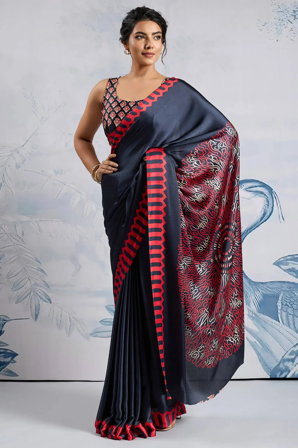 Delectable Black Ajrakh Printed Satin Silk Saree With Admirable Blouse Piece - Image 5