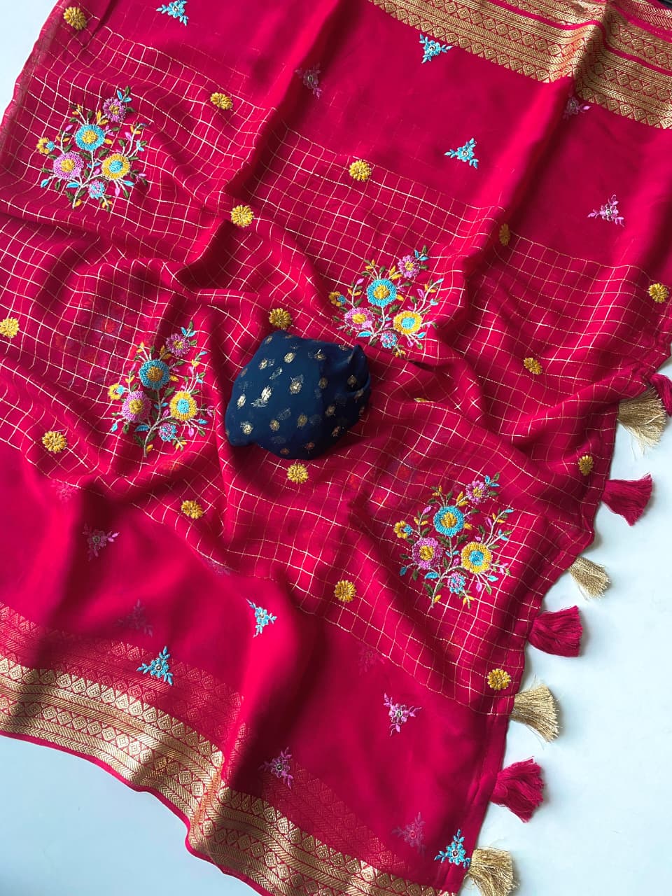 Delectable Dark Pink Embroidery Work Pure Georgette Saree With Classic Blouse Piece - Image 2